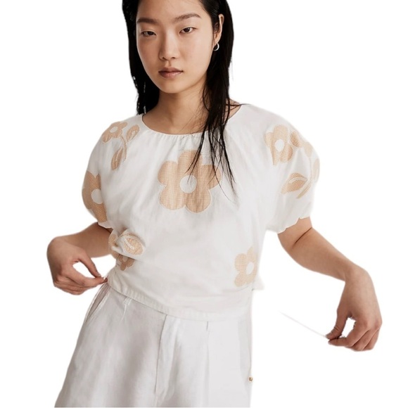 Madewell NWT Embroidered Poplin Puff-Sleeve Cutout Crop Top Size Medium - Picture 11 of 11
